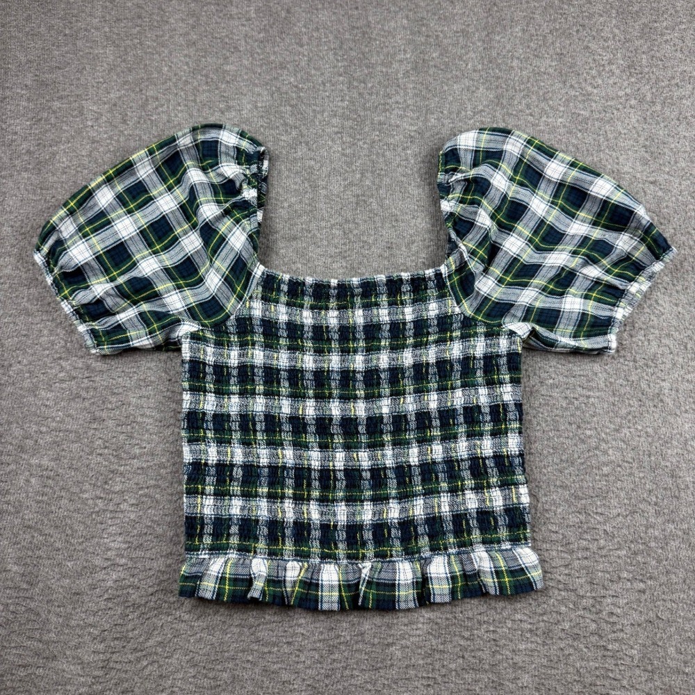 American‎ Eagle Women's S Green Plaid Smocked Puff Sleeve Crop Top Square Neck